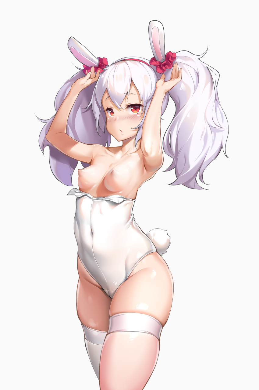 absurdres animal_ears areolae armpits arms_up azur_lane blush breasts breasts_outside bunny_ears bunny_girl bunny_tail bunnysuit cameltoe chestnut_mouth collarbone commentary_request covered_navel eyebrows_visible_through_hair fake_animal_ears hairband highres laffey_(azur_lane) leotard long_hair looking_at_viewer nipples no_bra perky_breasts puffy_nipples red_eyes red_hairband scrunchie shuffle_(songdatiankong) silver_hair simple_background skindentation small_breasts solo tail thighhighs twintails white_background white_legwear