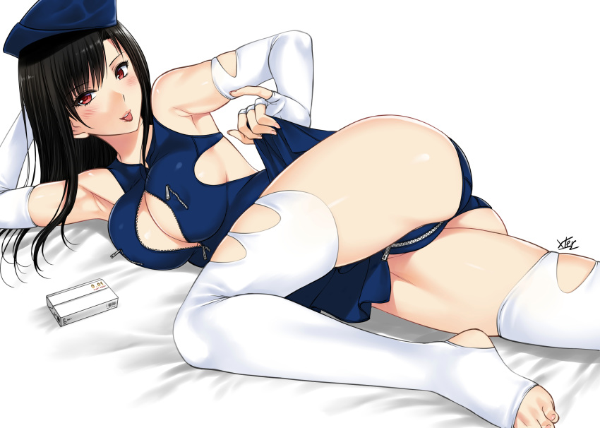 aliasing ass black_hair blush bodysuit breasts cleavage elbow_gloves erect_nipples gloves hat long_hair original red_eyes signed skirt_lift thighhighs xtermination
