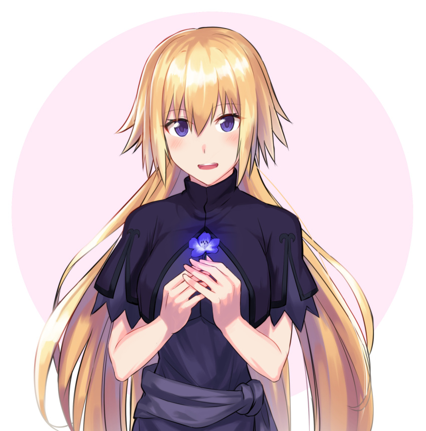 1girl blonde_hair blush breasts circle fate/apocrypha fate/grand_order fate_(series) flower highres holding holding_flower jeanne_d'arc_(fate) jeanne_d'arc_(fate)_(all) large_breasts long_hair looking_at_viewer nyorotono open_mouth purple_eyes solo upper_body very_long_hair white_background