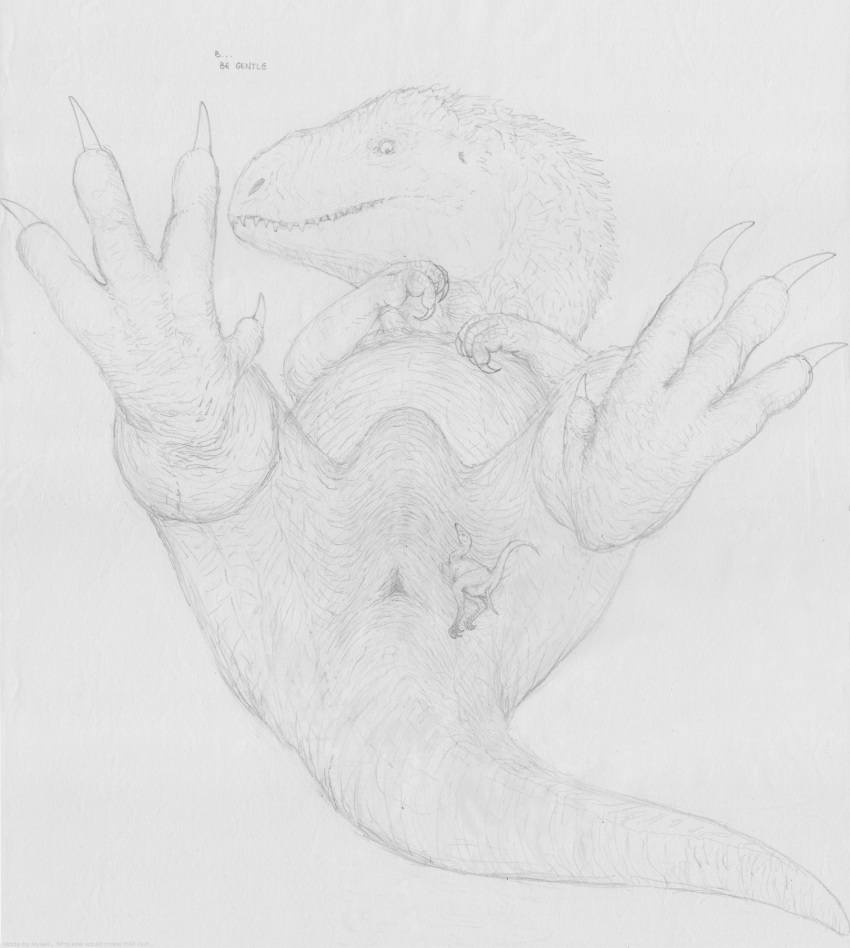 ambiguous_gender animal_genitalia claws cloaca compsognathus dialogue dinosaur feathers feet humor male nervous pencil_(artwork) penis size_difference smaller_male theropod traditional_media_(artwork) tyrannosaurus_rex