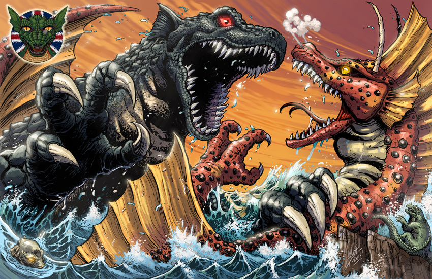 creature creature_from_the_black_lagoon crossover dinosaurs godzilla_(series) gorgo's_mother head_fins iguanodon kaiju_samurai kaijuu london monster no_humans open_mouth scales sharp_teeth tail teeth the_gill_man titanosaurus_(godzilla) tokusatsu water