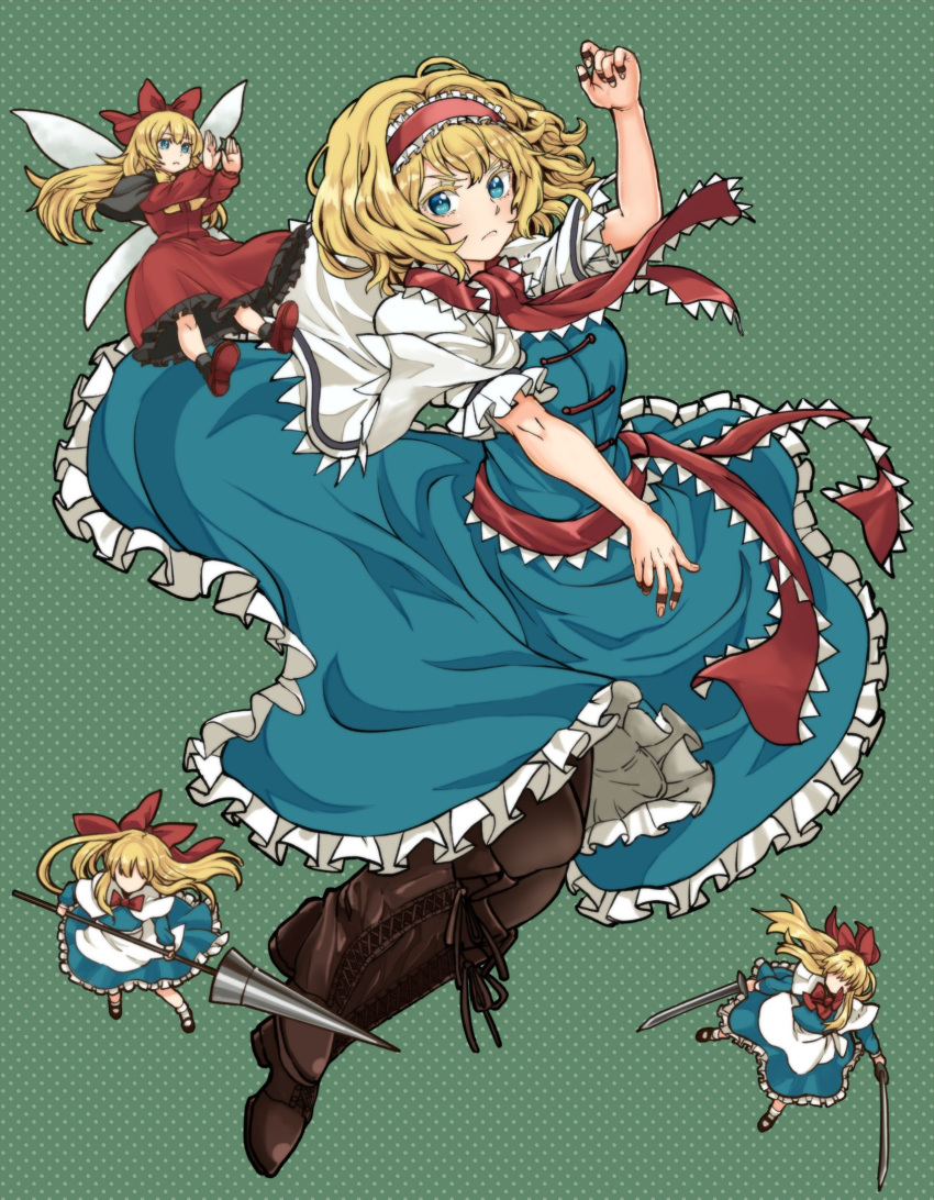 alice_margatroid arm_up bangs black_footwear blonde_hair blue_eyes boots bow brown_footwear brown_legwear capelet closed_mouth commentary_request cross-laced_footwear dress dual_wielding full_body hair_bow hairband highres holding holding_sword holding_weapon hourai_doll lace-up_boots lance long_hair long_sleeves looking_at_viewer mary_janes natsushiro polearm polka_dot polka_dot_background red_bow red_footwear shanghai_doll shoes short_hair short_sleeves socks solo sword touhou weapon white_legwear wings