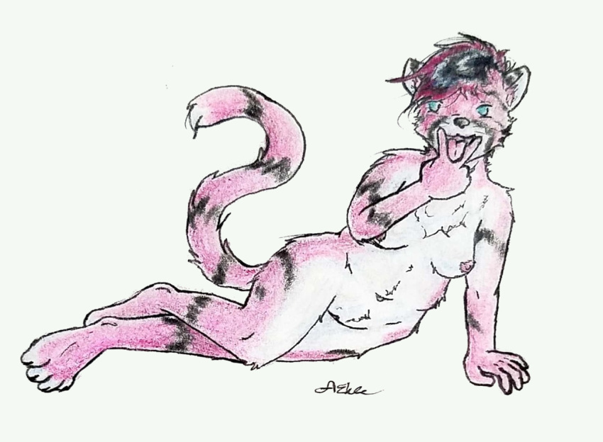 anthro azkre breasts feline female fur hair lewd_(disambiguation) looking_at_viewer lying mammal nipples nude open_mouth pink_fur pussy short_hair slightly_chubby solo stripes tongue tongue_out traditional_media_(artwork)