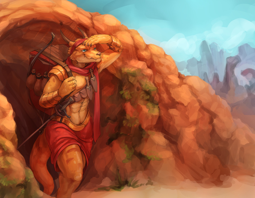 2018 5_fingers abs anthro audrarius clothed clothing day detailed_background digital_media_(artwork) digital_painting_(artwork) horn lizard male outside reptile scalie sky solo