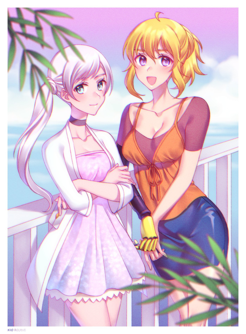 beach blonde_hair blue_eyes breasts card cleavage commentary_request crossed_arms dress highres jacket kio_rojine miniskirt multiple_girls prosthesis prosthetic_arm purple_eyes rwby scar scar_across_eye skirt weiss_schnee white_hair yang_xiao_long