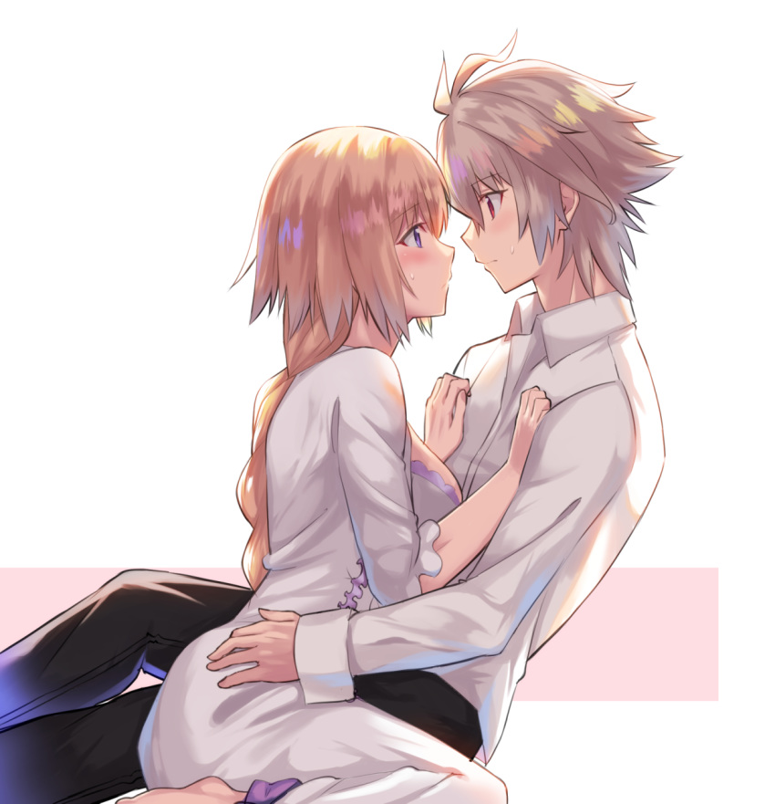 1boy 1girl ahoge black_pants blonde_hair blush breasts brown_eyes couple dress eye_contact fate/apocrypha fate/grand_order fate_(series) grey_hair highres imminent_kiss jeanne_d'arc_(fate) jeanne_d'arc_(fate)_(all) large_breasts long_hair looking_at_another nyorotono pants purple_eyes shirt sieg_(fate/apocrypha) sitting sweatdrop white_dress white_shirt