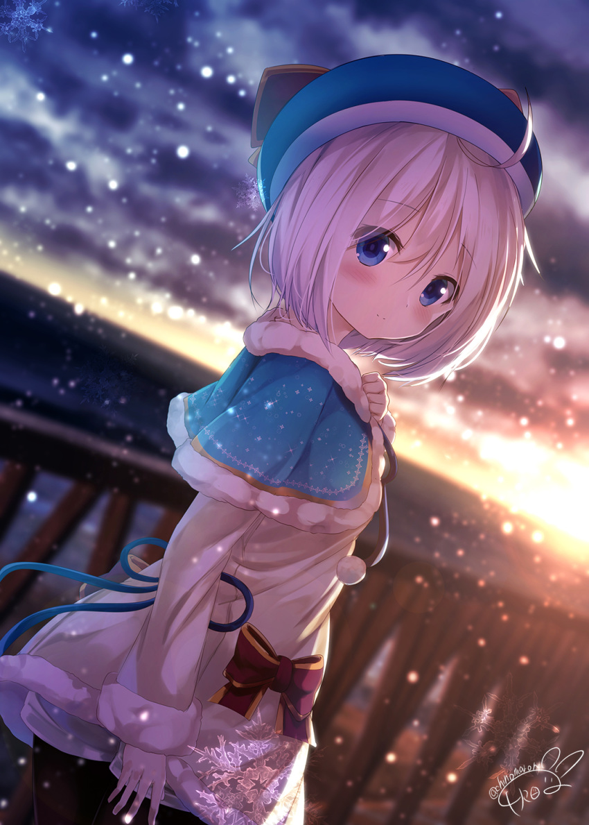animal_ears bangs beret black_legwear blue_capelet blue_eyes blue_hat blurry blurry_background capelet chinomaron closed_mouth cloud cloudy_sky commentary_request dennou_shoujo_youtuber_shiro depth_of_field dress eyebrows_visible_through_hair fur-trimmed_capelet fur-trimmed_dress fur-trimmed_sleeves fur_trim hair_between_eyes hat highres long_sleeves looking_at_viewer looking_back outdoors pantyhose railing shiro_(dennou_shoujo_youtuber_shiro) short_shorts shorts signature silver_hair sky smile snowflakes snowing solo virtual_youtuber white_dress white_shorts