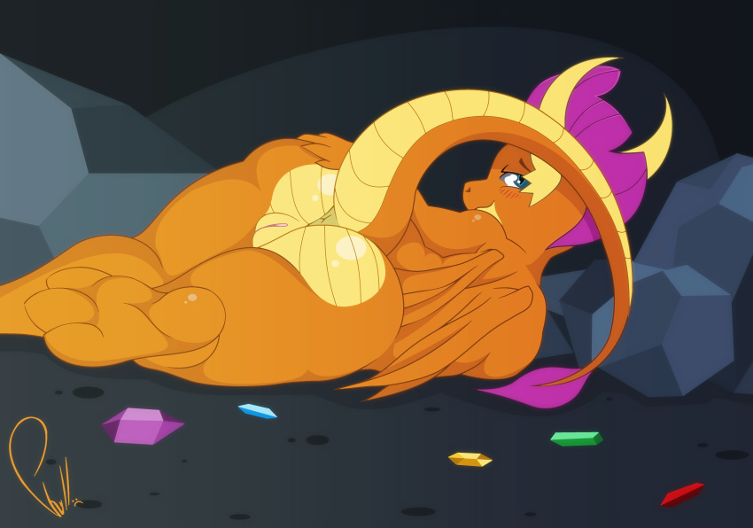 2018 3_toes absurd_res anthro anus butt dragon female friendship_is_magic hair hand_on_butt hi_res horn looking_at_viewer looking_back lying my_little_pony nude phylloaurea pussy signature smolder_(mlp) solo toes wings