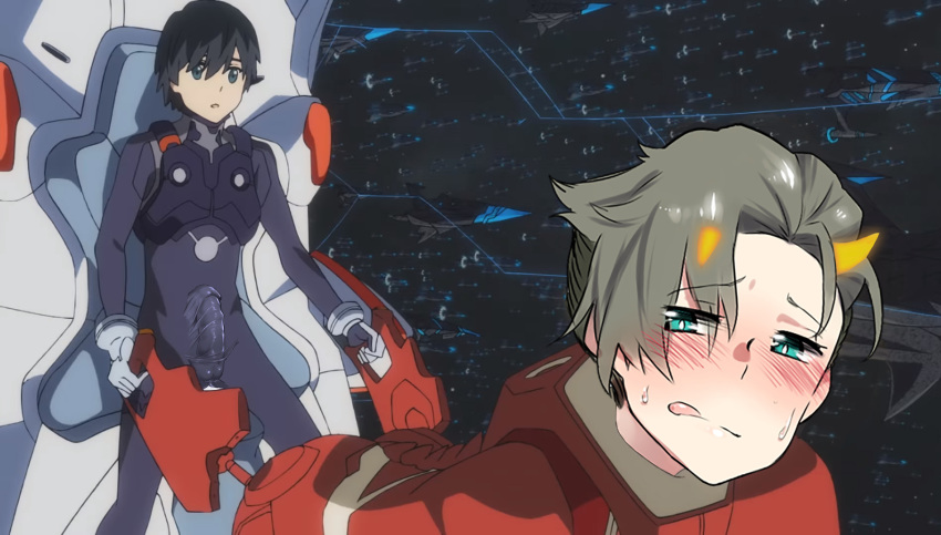 all_fours bangs black_bodysuit blue_eyes blush bodysuit commentary_request darling_in_the_franxx doggystyle erection erection_under_clothes eyebrows_visible_through_hair gloves green_eyes headshop highres hiro_(darling_in_the_franxx) holding horns kira_(user_yxxh7828) lipstick makeup male_focus mitsuru_(darling_in_the_franxx) multiple_boys oni pilot_suit red_bodysuit screencap sitting space space_craft sweat third-party_edit tongue tongue_out white_gloves