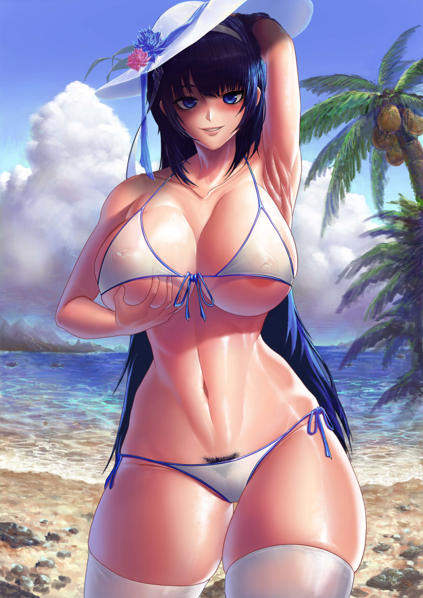 absurdres alternate_costume alternate_eye_color areolae armpits bangs bare_shoulders beach bikini black_hair blue_eyes blue_flower blue_sky blunt_bangs blush breast_lift breasts cleavage cloud coconut coconut_tree collarbone commentary_request cowboy_shot cropped_legs day flower girls_frontline grabbing_own_breast groin hair_ornament hairband hand_on_own_head hat hat_flower highres korean_commentary large_breasts long_hair looking_at_viewer mijangsen navel nipples ocean palm_tree parted_lips pink_flower pubic_hair pubic_hair_peek qbz-95_(girls_frontline) sand see-through side-tie_bikini sidelocks skindentation sky smile solo standing stomach sun_hat swimsuit thighhighs thighs toned tree very_long_hair white_hairband white_legwear