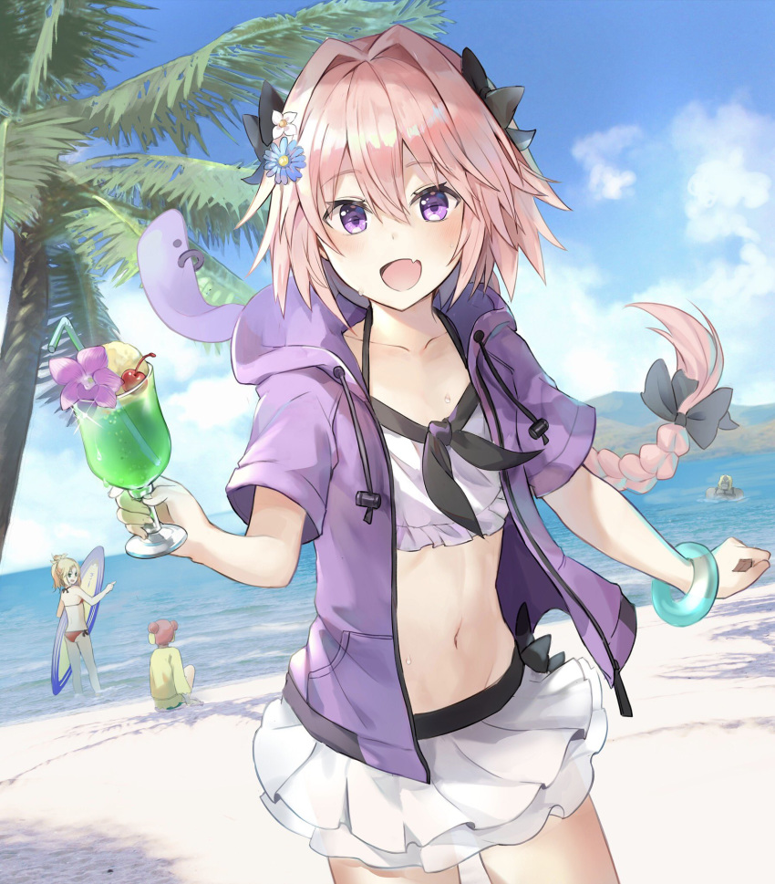 2girls :d astolfo_(fate) bangs beach bendy_straw bikini bikini_skirt black_bow black_ribbon blonde_hair blue_flower blush bow bracelet braid cherry cloud collarbone commentary_request cowboy_shot cup day double_bun drawstring drinking_glass drinking_straw dutch_angle eyebrows_visible_through_hair facing_away fang fate/grand_order fate_(series) floating_hair flower food frankenstein's_monster_(fate) frankenstein's_monster_(swimsuit_saber)_(fate) fruit glint green_shirt grey_skin groin hair_between_eyes hair_bow hair_flower hair_intakes hair_ornament hair_ribbon halter_top halterneck highres holding holding_cup hood hood_down hoodie ice_cream ice_cream_float jewelry kusumoto_touka long_hair looking_at_another looking_at_viewer looking_to_the_side miniskirt mordred_(fate)_(all) mordred_(swimsuit_rider)_(fate) multiple_boys multiple_girls navel ocean open_clothes open_hoodie open_mouth otoko_no_ko outdoors palm_tree partially_submerged pink_hair pocket ponytail purple_eyes purple_flower purple_hoodie red_bikini ribbon sand shadow shiny shiny_skin shirt short_hair short_ponytail short_sleeves side-tie_bikini sidelocks single_braid sitting skirt smile spartacus_(fate) standing stomach summer surfboard swimsuit tree wading wet white_bikini white_flower white_skirt