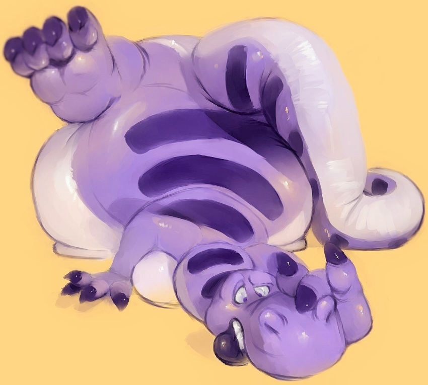 ambiguous_gender belly big_belly big_lips claws digital_drawing_(artwork) digital_media_(artwork) fullheroo lips obese on_ground overweight purple_claws purple_eyes purple_skin reptile scalie semi-anthro simple_background solo teeth toe_claws yellow_background