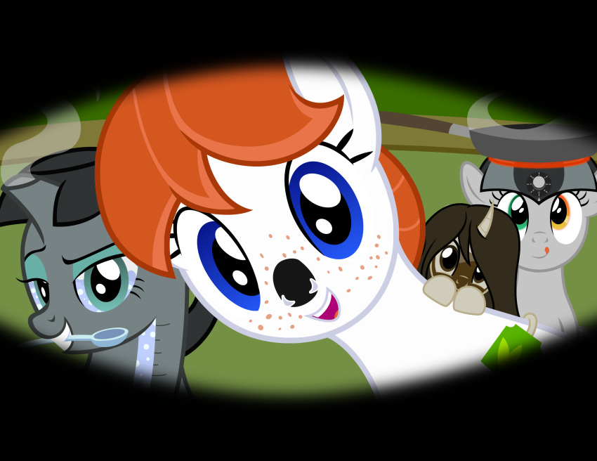 2018 absurd_res awake badumsquish blue_eyes brown_eyes equine female feral first_person_view freckles ginger-bread_(oc) group hair heterochromia hi_res horse hot_plate kettle mammal my_little_pony orange_hair ponification pony spoon teabag toaster