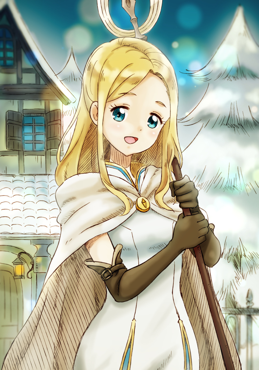 :d black_gloves blonde_hair blue_eyes building cape dress eyebrows_visible_through_hair gloves highres holding holding_staff lantern long_hair looking_at_viewer nurutema octopath_traveler open_mouth ophilia_(octopath_traveler) outdoors pine_tree sidelocks sky smile solo staff tareme tree white_cape white_dress window