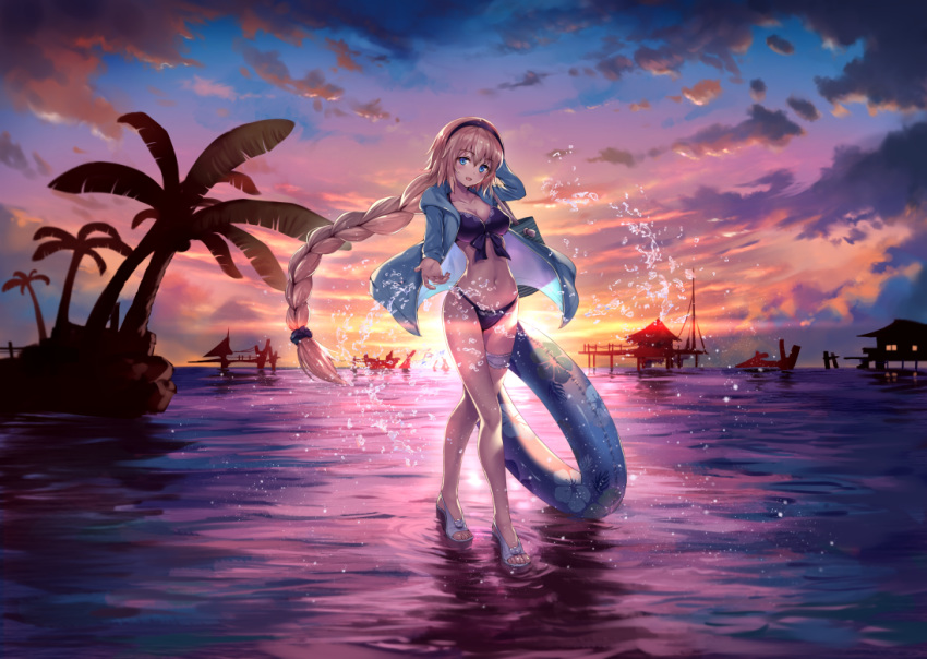 arm_behind_head arm_up bag bangs bikini black_bikini black_hairband black_scrunchie blonde_hair blue_eyes blue_jacket blue_sky braid breasts cleavage cloud cloudy_sky collarbone commentary_request crossed_legs eyebrows_visible_through_hair fate/grand_order fate_(series) floating_hair front-tie_bikini front-tie_top full_body gradient_sky hair_between_eyes hairband horizon hut innertube jacket jeanne_d'arc_(fate)_(all) jeanne_d'arc_(swimsuit_archer) legs long_hair long_legs long_sleeves looking_at_viewer medium_breasts navel ocean open_clothes open_jacket open_mouth orange_sky ouka_(ra-raradan) outdoors outstretched_arm outstretched_hand palm_tree pier rock sandals scenery scrunchie shiny shiny_hair sidelocks silhouette single_braid sky smile solo standing standing_on_liquid stilt_house stomach sunset swimsuit thigh_strap tree very_long_hair water water_drop watson_cross white_footwear wind