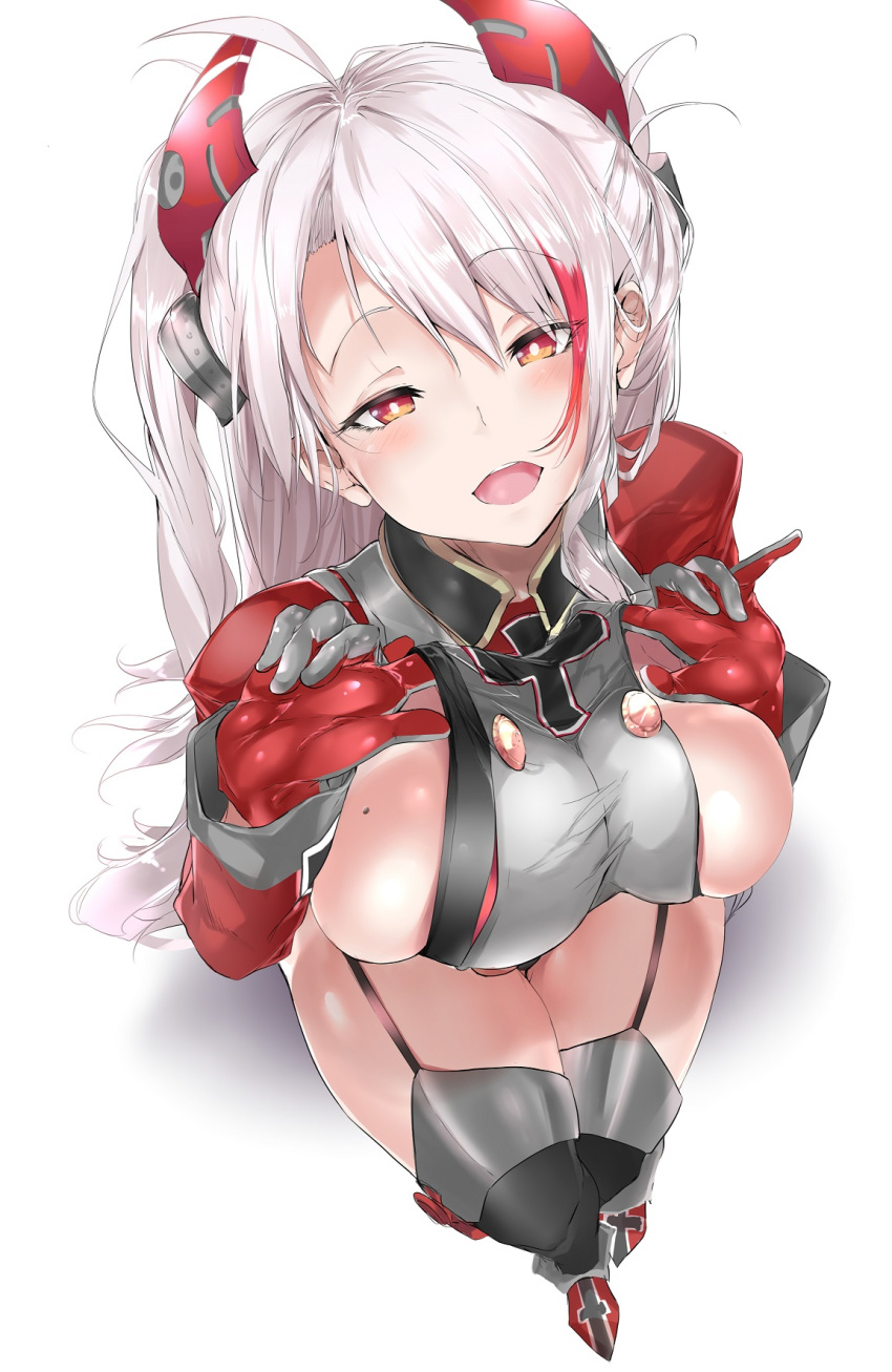 antenna_hair azur_lane bangs blush breasts commentary_request eyebrows_visible_through_hair full_body garter_straps gloves hair_between_eyes head_tilt headgear highres iron_cross large_breasts long_hair long_sleeves looking_at_viewer looking_up mole mole_on_breast multicolored_hair namuru_(kurinton) open_mouth orange_eyes prinz_eugen_(azur_lane) red_hair silver_hair simple_background smile solo streaked_hair thighhighs two_side_up white_background