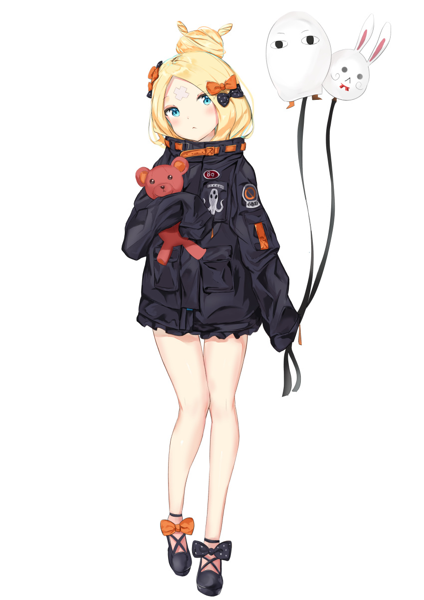 :&lt; abigail_williams_(fate/grand_order) absurdres balloon bangs black_bow black_footwear black_jacket blonde_hair blue_eyes blush bow closed_mouth commentary_request fate/grand_order fate_(series) fou_(fate/grand_order) full_body hair_bow hair_bun heroic_spirit_traveling_outfit highres holding holding_balloon jacket long_hair long_sleeves looking_at_viewer medjed object_hug orange_bow parted_bangs polka_dot polka_dot_bow shoes simple_background sleeves_past_fingers sleeves_past_wrists solo standing stuffed_animal stuffed_toy teddy_bear white_background yukaa