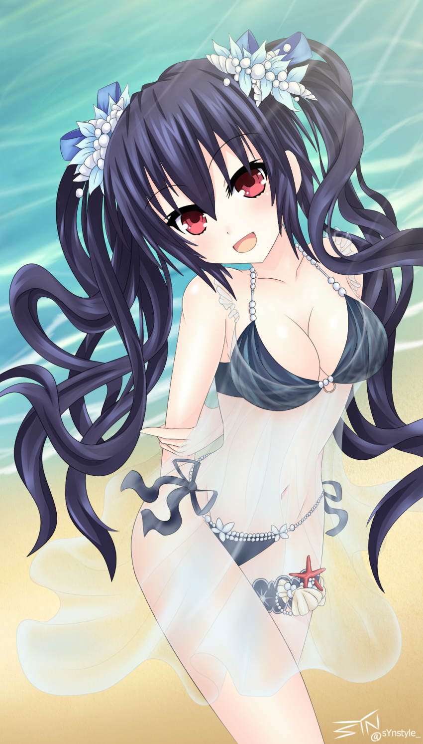 arms_behind_back artist_name beach bikini black_hair blush breasts choujigen_game_neptune day eyebrows_visible_through_hair hair_between_eyes hair_ornament hand_on_own_arm highres jewelry looking_at_viewer neptune_(series) noire ocean open_mouth red_eyes ribbon see-through smile solo standing swimsuit syn_(synstyle) thigh_strap thighs twintails wavy_hair