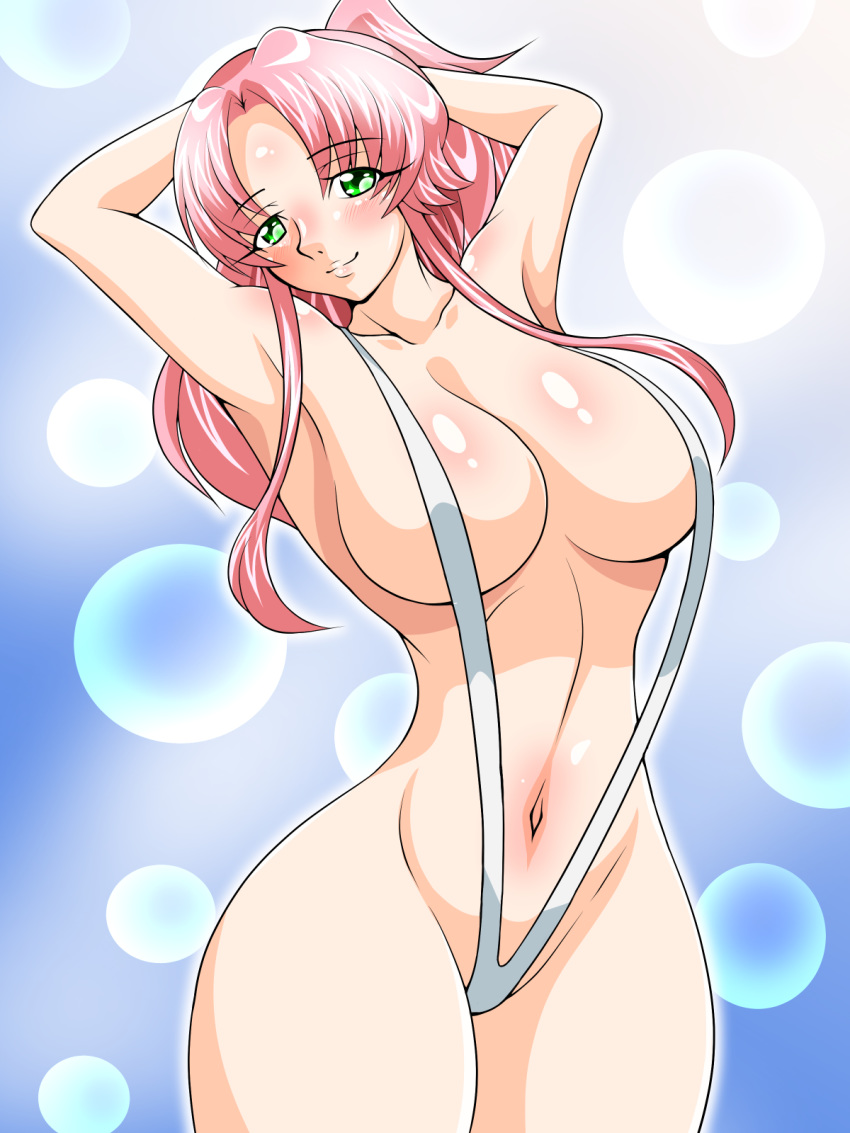 1girl armpits arms_behind_head arms_up bikini blue_background blush breasts eyebrows_visible_through_hair gradient gradient_background green_eyes inabakun00 large_breasts long_hair looking_at_viewer navel original pink_hair ponytail rio_(inaba) slingshot_swimsuit smile solo standing swimsuit white_bikini