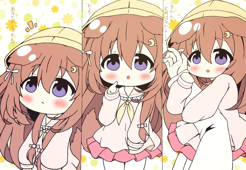:&lt; animal_ears arm_hug azur_lane bangs blush chestnut_mouth chibi closed_mouth commentary_request crescent crescent_hair_ornament dog_ears dog_girl dog_tail eyebrows_visible_through_hair frilled_sailor_collar frills fumizuki_(azur_lane) hair_between_eyes hair_ornament hairclip hand_up hat index_finger_raised kindergarten_uniform kurukurumagical long_sleeves neckerchief out_of_frame pantyhose parted_lips pink_shirt pink_skirt pleated_skirt puffy_long_sleeves puffy_sleeves purple_eyes sailor_collar school_hat shirt skirt smile tail tail_raised translated upper_teeth white_legwear white_sailor_collar yellow_hat yellow_neckwear