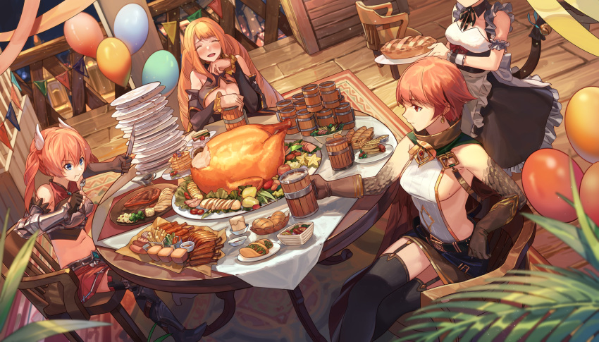 arm_warmers balloon bell belt black_legwear blonde_hair blue_eyes bracer bread breasts brown_gloves brown_hair cat_tail chair character_request cleavage closed_eyes cup dutch_angle earrings food food_request fork fredrica_(sdorica_-sunset-) garter_straps gloves greaves highres holding holding_fork holding_knife indoors jewelry jingle_bell karen_(sdorica_-sunset-) kittyeyes knife large_breasts long_hair looking_at_another maid medium_breasts mug multiple_girls navel no_hat no_headwear orange_hair pancake pie plate ponytail red_eyes red_skirt rff_(3_percent) rug scales sdorica_-sunset- short_hair sideboob sitting skirt string_of_flags table tail tray turkey very_long_hair wooden_floor wrist_cuffs