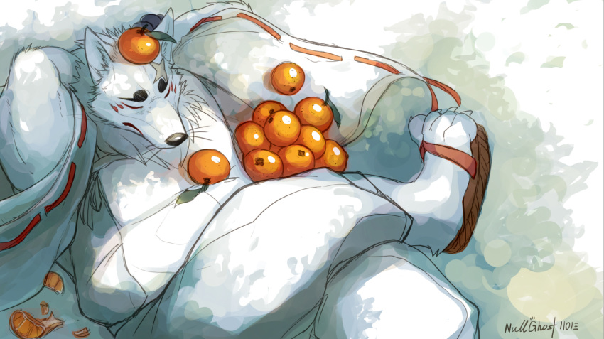 2013 4_toes anthro black_nose canine claws eyes_closed food fox fruit gingitsune gintaro lying mammal null-ghost orange_(fruit) solo toe_claws toes whiskers