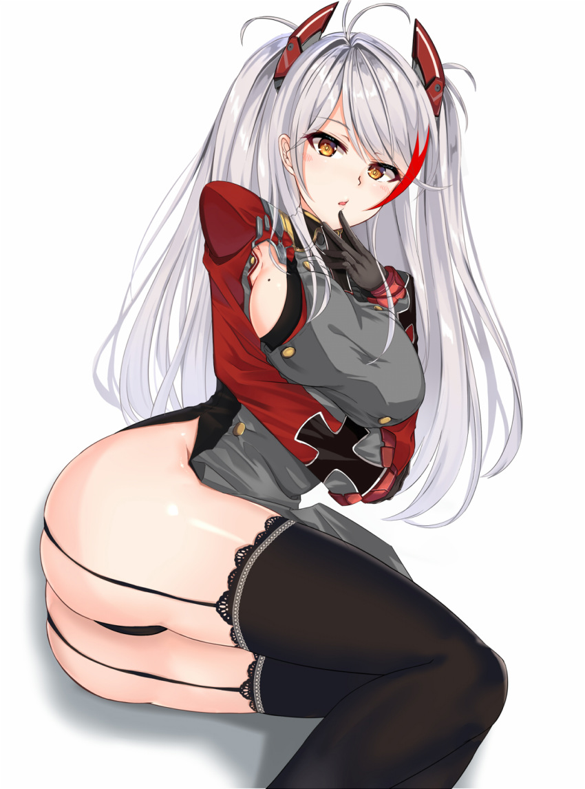 antenna_hair arm_under_breasts ass azur_lane bangs black_gloves black_legwear blush breast_hold breasts brown_eyes garter_straps gloves hand_up highres iron_cross large_breasts long_hair looking_at_viewer lying mole mole_on_breast mukatsukulsp multicolored_hair on_side prinz_eugen_(azur_lane) red_hair sideboob silver_hair solo streaked_hair thighs two_side_up very_long_hair