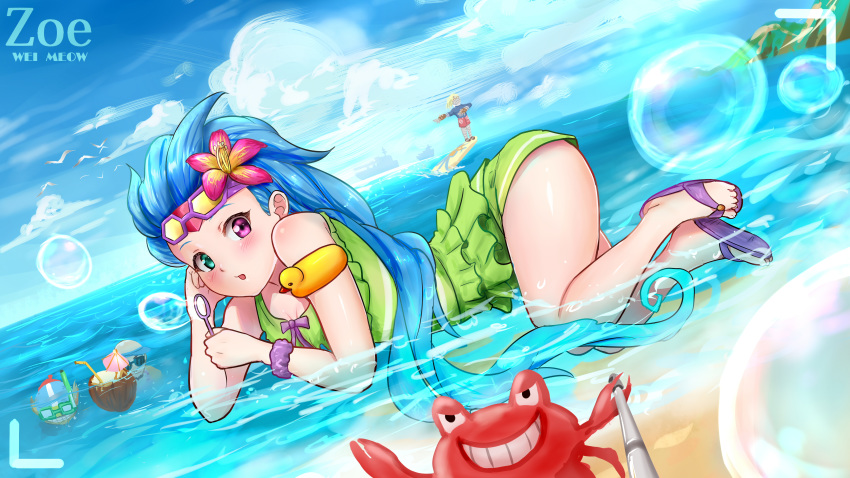 1girl absurdly_long_hair alternate_costume alternate_eye_color alternate_hair_color bare_shoulders bikini bow bowtie flower frilled_bikini frilled_skirt frills goggles hair_flower hair_ornament league_of_legends long_hair pool_party_zoe skirt swimsuit very_long_hair zoe_(league_of_legends)