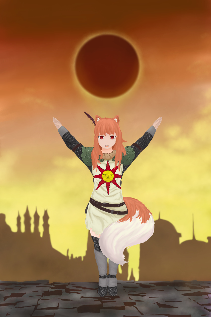 1girl animal_ears brown_hair dark_souls holo knight prasie_the_sun red_eyes solaire_of_astora souls souls_(from_software) spice_and_wolf sun sun_(symbol) tail thighhighs wolf_ears wolf_tail