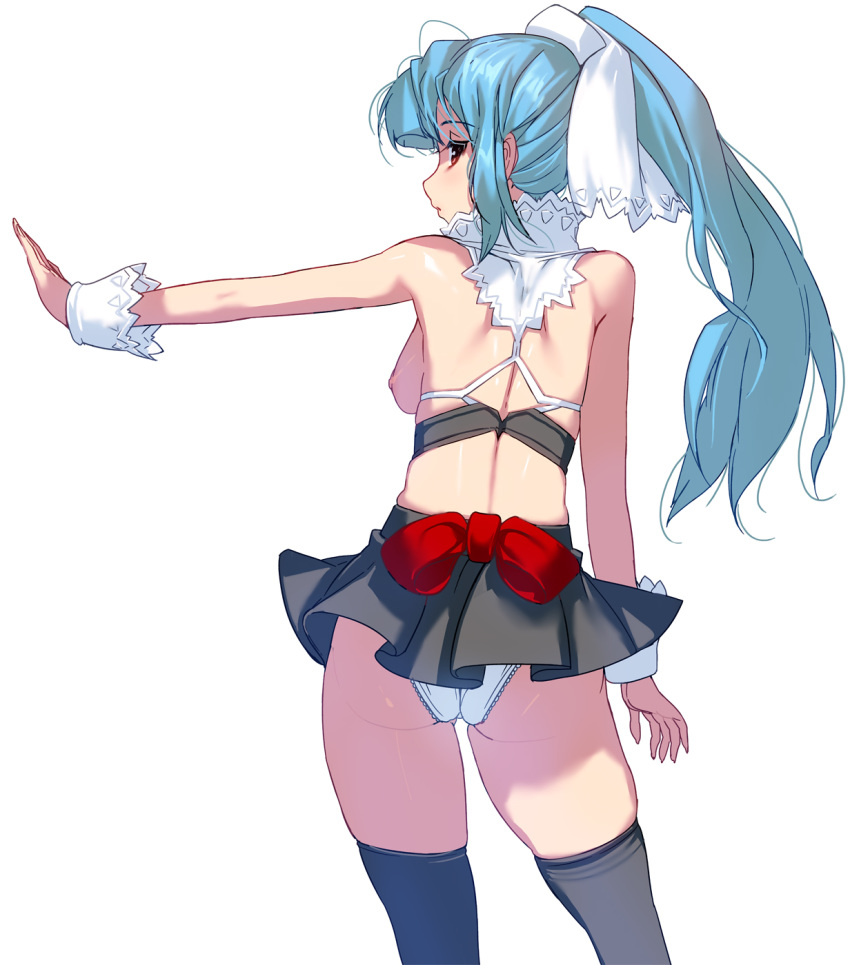 aqua_hair ass black_legwear bow breasts curvy from_behind highres large_breasts long_hair looking_at_viewer masao nipples original outstretched_arm panties ponytail red_eyes revealing_clothes skirt solo thighhighs underwear white_background white_panties wrist_cuffs