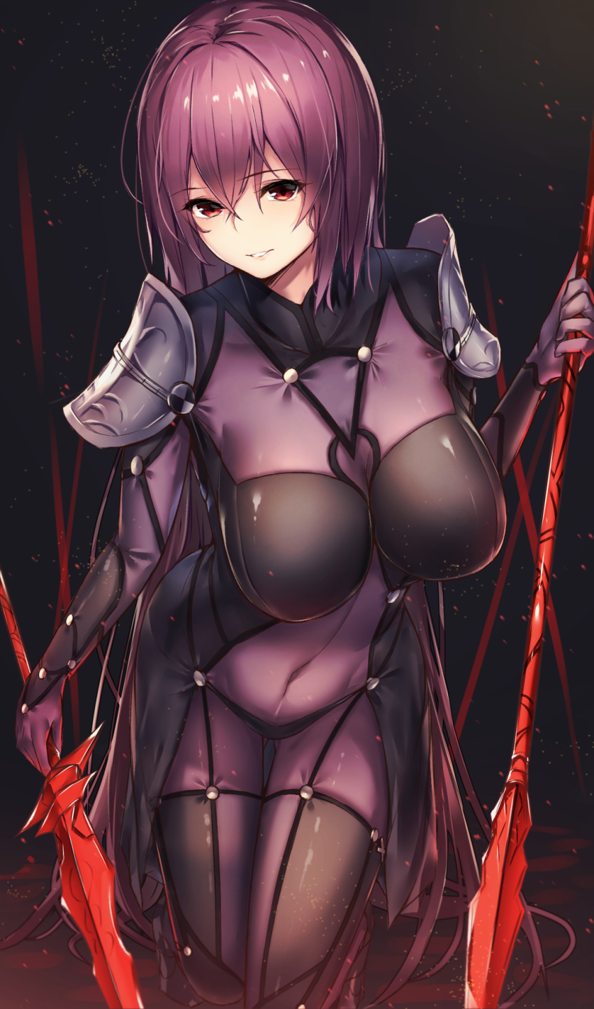 bangs bodysuit borushichi breasts commentary_request covered_navel eyebrows_visible_through_hair eyes_visible_through_hair fate/grand_order fate_(series) gae_bolg highres holding holding_weapon large_breasts long_hair looking_at_viewer parted_lips pauldrons polearm purple_bodysuit purple_hair red_eyes scathach_(fate)_(all) scathach_(fate/grand_order) shiny shiny_hair solo spear straight_hair very_long_hair weapon