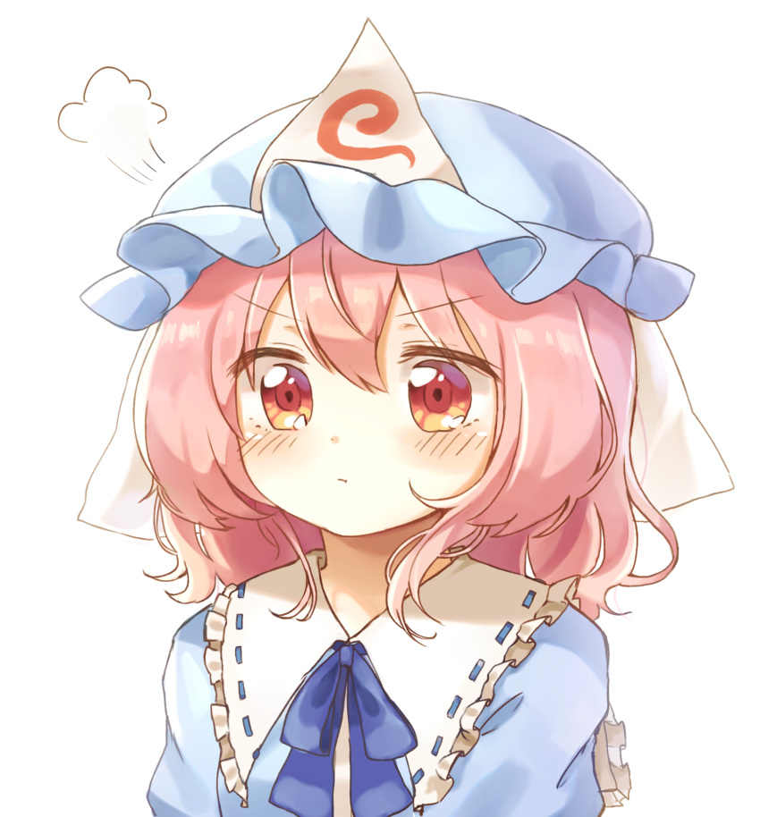 =3 commentary frills hat highres japanese_clothes kimono mob_cap neck_ribbon pink_hair pout pudding_(skymint_028) red_eyes ribbon saigyouji_yuyuko short_hair simple_background solo touhou triangular_headpiece upper_body wavy_hair white_background