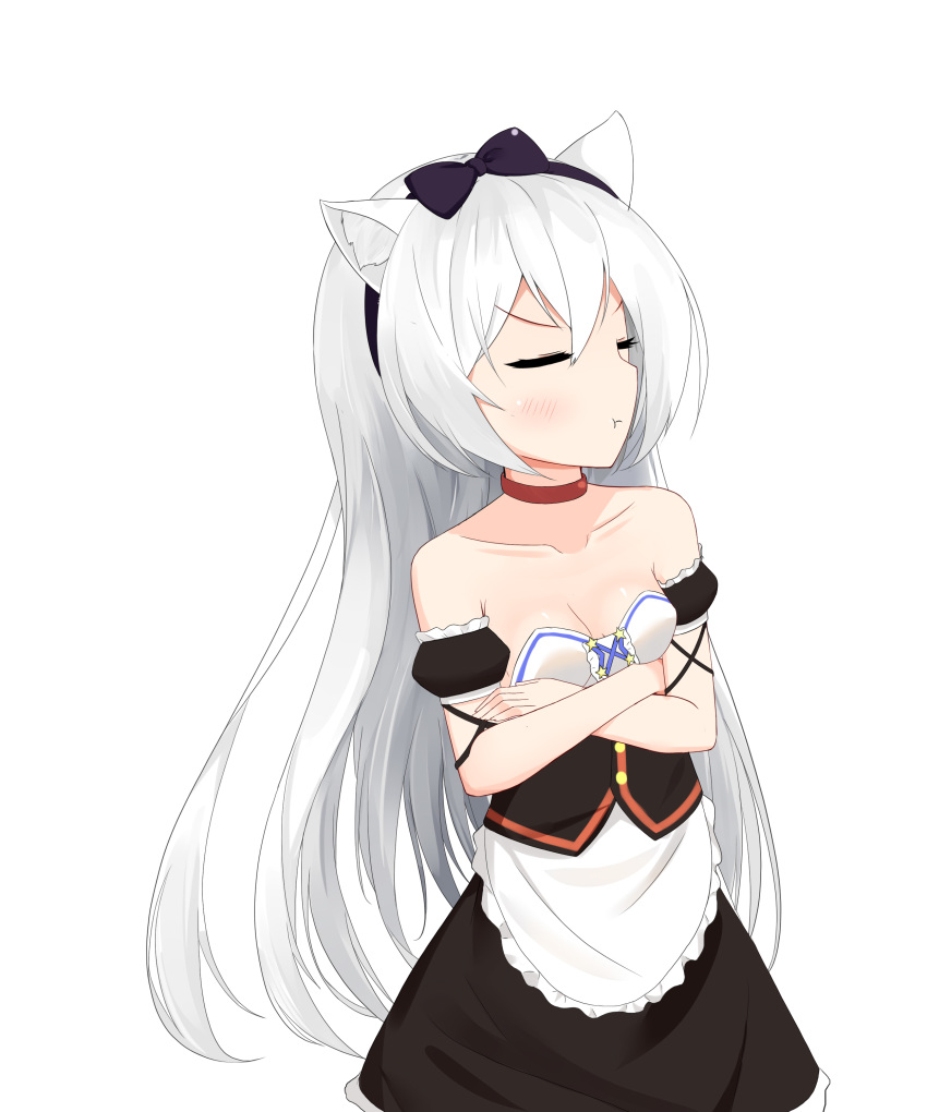 :t absurdres animal_ears apron azur_lane bangs bare_shoulders black_bow black_dress blush bow cat_ears closed_eyes closed_mouth collarbone commentary_request crossed_arms detached_sleeves dress eyebrows_visible_through_hair facing_viewer fingernails frilled_apron frills hair_between_eyes hair_bow hammann_(azur_lane) highres long_hair pout puffy_short_sleeves puffy_sleeves roido_(taniko-t-1218) short_sleeves silver_hair simple_background solo very_long_hair waist_apron white_apron white_background