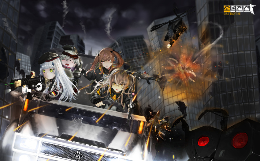 404_logo_(girls_frontline) 4girls aircraft assault_rifle building cheek_pinching commentary g11_(girls_frontline) gatling_gun girls_frontline ground_vehicle gun h&amp;k_ump heckler_&amp;_koch helicopter highres hk416 hk416_(girls_frontline) jeep minigun motor_vehicle multiple_girls picopio pinching rifle sangvis_ferri sleeping submachine_gun ump45_(girls_frontline) ump9_(girls_frontline) weapon