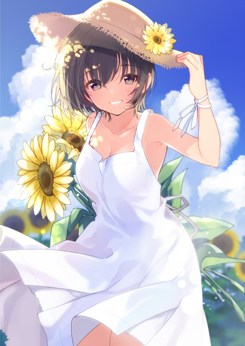 black_eyes blue_sky blush breasts brown_hair cleavage cloud collarbone day dress eyebrows_visible_through_hair flower hair_between_eyes hat hat_flower highres lips looking_at_viewer md5_mismatch medium_breasts original outdoors parted_lips ribbon short_hair sky sleeveless sleeveless_dress smile solo straw_hat summer sun_hat sundress sunflower teeth u35 white_dress white_ribbon wrist_ribbon