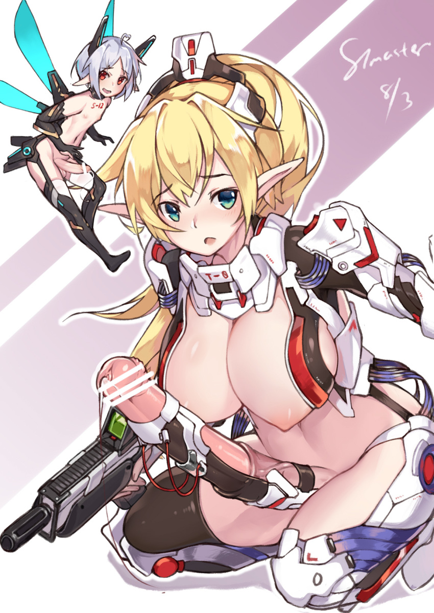 blonde_hair breasts censored erection futanari green_eyes gun highres horse_penis large_breasts large_penis looking_at_viewer mecha_musume multiple_girls nipples open_mouth original penis personification pointy_ears red_eyes revealing_clothes small_breasts stmaster thighhighs weapon white_hair