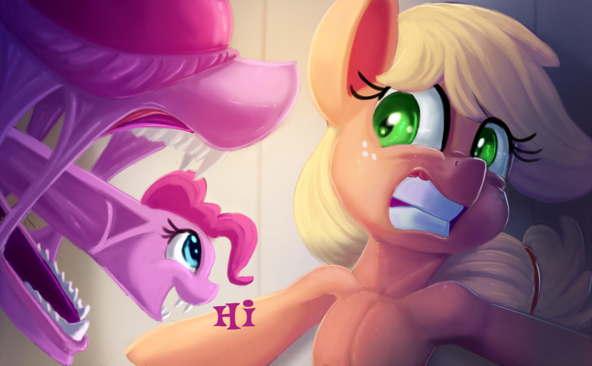 2018 alien alien_(franchise) alternate_species applejack_(mlp) blonde_hair blue_eyes clenched_teeth creepy crossover cute dialogue duo earth_pony english_text equine eye_contact eyelashes female feral freckles friendship_is_magic green_eyes hair hair_tie hi_res hooves horse mammal my_little_pony open_mouth open_smile pink_hair pinkie_pie_(mlp) pony scared sharp_teeth smile teeth text thediscorded what xenomorph