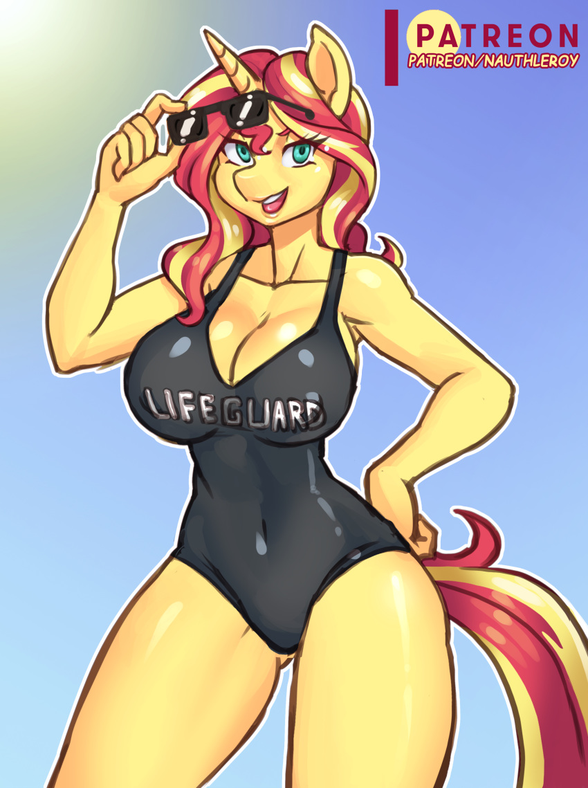 2018 absurd_res anthro anthrofied blue_eyes breasts cleavage clothed clothing english_text equestria_girls equine eyelashes eyewear female fully_clothed hair hi_res horn long_hair looking_at_viewer mammal multicolored_hair multicolored_tail my_little_pony nauth open_mouth patreon solo sunglasses sunset_shimmer_(eg) swimsuit text two_tone_hair unicorn url