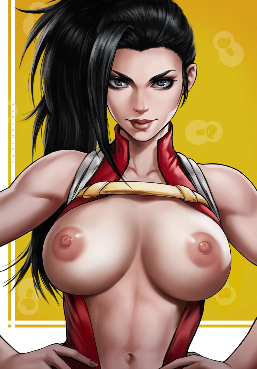 1girl absurdres areolae artist_name bare_arms bare_shoulders black_eyes black_hair boku_no_hero_academia breasts breasts_apart breasts_outside closed_mouth dandon_fuga eyeliner facing_viewer hands_on_hips highres large_breasts lips looking_at_viewer makeup matching_hair/eyes navel nipples ponytail red_lips shiny shiny_clothes side_ponytail simple_background sleeveless solo toned upper_body yaoyorozu_momo