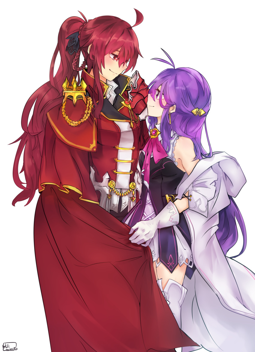 aether_sage_(elsword) aisha_(elsword) antenna_hair artist_name bad_id bad_pixiv_id bare_shoulders boots cape elesis_(elsword) elsword empire_sword_(elsword) gloves gomiyama hair_ornament highres long_hair looking_at_another multiple_girls ponytail purple_eyes purple_hair red_cape red_eyes red_hair shirt sleeveless sleeveless_shirt smile thigh_boots thighhighs very_long_hair white_background white_gloves yuri
