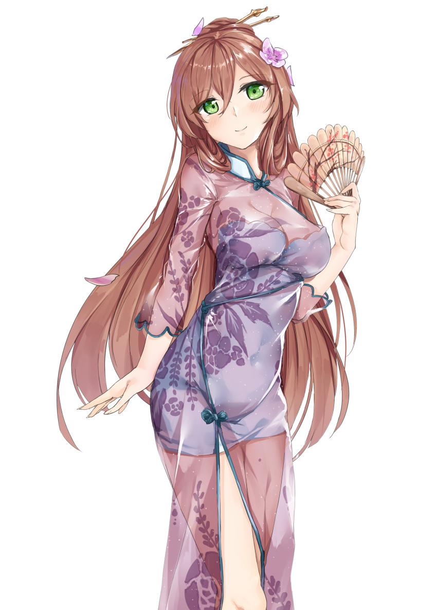 absurdres alternate_costume alternate_hairstyle bangs blush breasts brown_hair china_dress chinese_clothes cleavage closed_mouth dress eyebrows_visible_through_hair fan flower folding_fan girls_frontline green_eyes hair_between_eyes hair_flower hair_ornament hair_ribbon hair_rings hansal head_tilt highres holding holding_fan large_breasts long_hair looking_at_viewer m1903_springfield_(girls_frontline) petals ponytail ribbon see-through sidelocks simple_background smile solo strapless strapless_dress thighs white_background