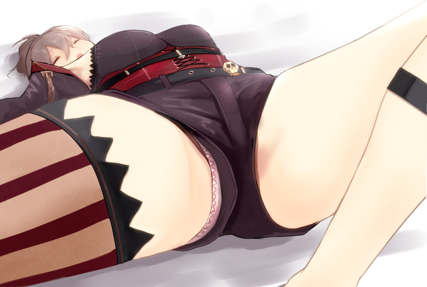 ace34941531 anchor_symbol azur_lane bangs breasts closed_eyes commentary_request crotch hair_between_eyes jacket jean_bart_(azur_lane) jewelry long_hair long_sleeves lying medium_breasts on_back open_mouth panties pink_panties ponytail short_shorts shorts single_thighhigh skull sleeping solo spread_legs thigh_strap thighhighs underwear