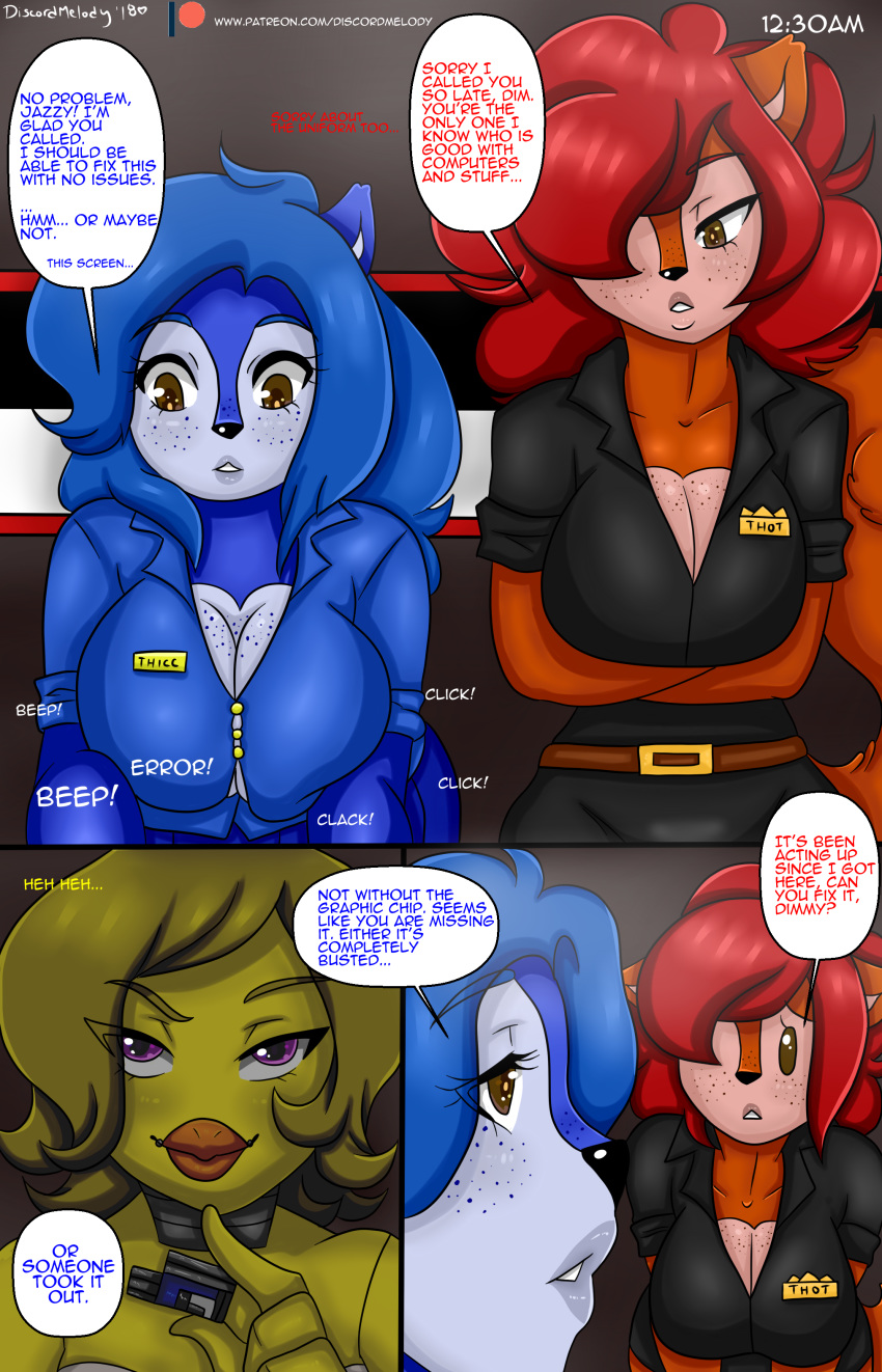 anthro avian balls big_breasts bird breasts chica_(fnaf) chicken cleavage clothed clothing comic dim discordmelody female five_nights_at_freddy's ground_squirrel group jasmine_ivory mammal rodent squirrel tight_clothing video_games