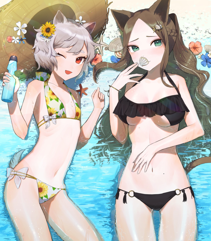;d animal_ears bangs bikini black_bikini blue_flower bottle bow braid brown_hair cat_ears cat_girl cat_tail closed_mouth commentary_request day dog_ears dog_girl dog_tail floral_print flower forehead green_eyes hair_flower hair_ornament hat hat_removed headwear_removed highres holding holding_bottle long_hair looking_at_viewer lying multi-strapped_bikini multiple_girls navel o-ring o-ring_bikini o-ring_bottom on_back on_side one_eye_closed open_mouth original outdoors parted_bangs print_bikini ramune red_eyes red_flower seashell shallow_water shell shibainu short_hair silver_hair smile starfish straw_hat swimsuit tail thick_eyebrows transparent very_long_hair water white_bikini white_flower yellow_flower