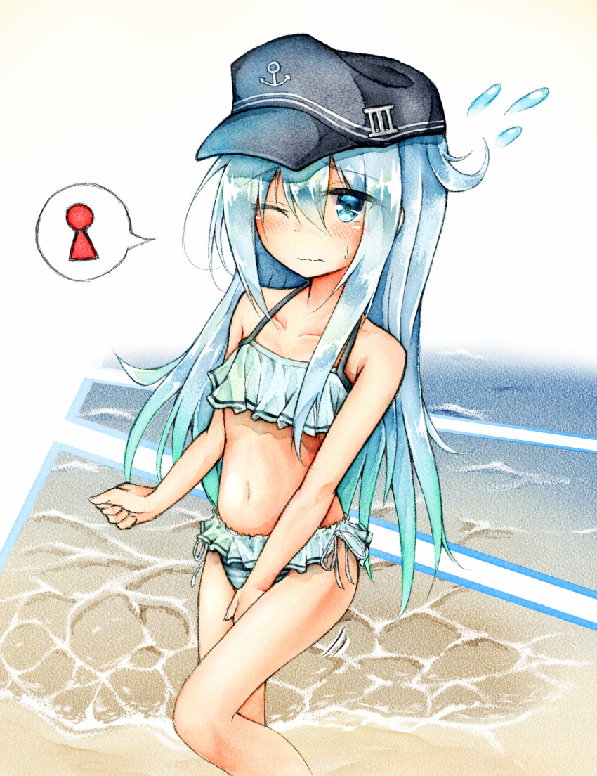 1girl beach between_legs bikini black_hat blue_bikini blue_eyes blue_hair blush collarbone embarrassed eyebrows_visible_through_hair female flat_chest flying_sweatdrops hand_between_legs hat have_to_pee hibiki_(kantai_collection) highres kantai_collection long_hair looking_at_viewer navel one_eye_closed outdoors shiny shiny_hair solo speech_bubble standing sweat swimsuit watakarashi water wavy_mouth wince