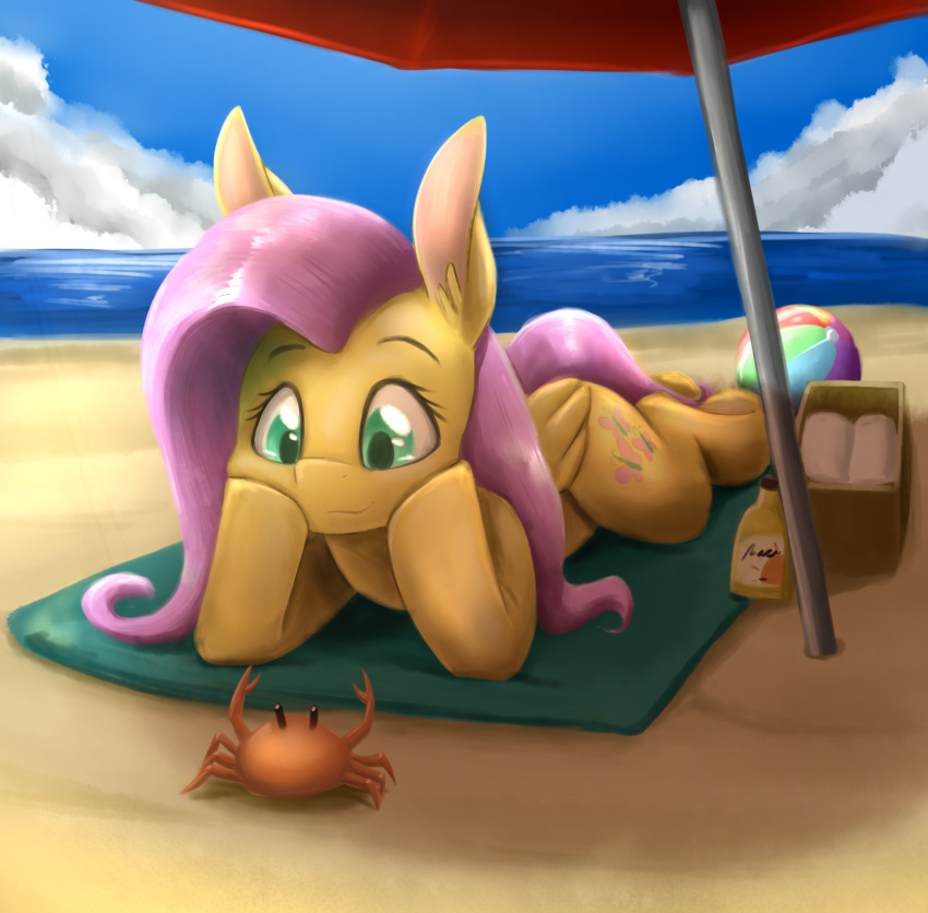 2018 arthropod ball beach beach_ball box cloud crab crustacean cute cutie_mark detailed_background duo equine eyebrows eyelashes feathered_wings feathers female feral fluttershy_(mlp) friendship_is_magic hair hi_res hooves long_hair lying mammal marine my_little_pony nude on_front otakuap outside pegasus pink_hair portrait sand sea seaside shadow sky smile sunscreen teal_eyes towel umbrella water wings yellow_feathers