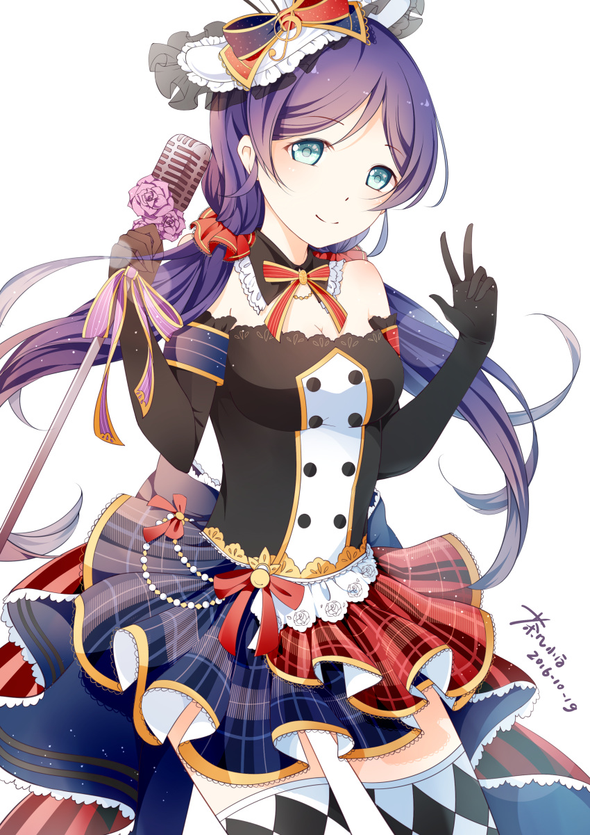 2016 absurdres argyle argyle_legwear bangs black_gloves blue_eyes breasts chaji_xiao_bai choker cleavage cowboy_shot dated elbow_gloves eyebrows_visible_through_hair floating_hair flower gloves hair_between_eyes hat highres holding holding_microphone layered_skirt long_hair looking_at_viewer love_live! love_live!_school_idol_project medium_breasts microphone microphone_stand miniskirt multicolored multicolored_clothes multicolored_skirt musical_note parted_bangs purple_flower purple_hair purple_rose rose simple_background skirt smile solo standing striped thighhighs toujou_nozomi twintails very_long_hair w white_background white_hat