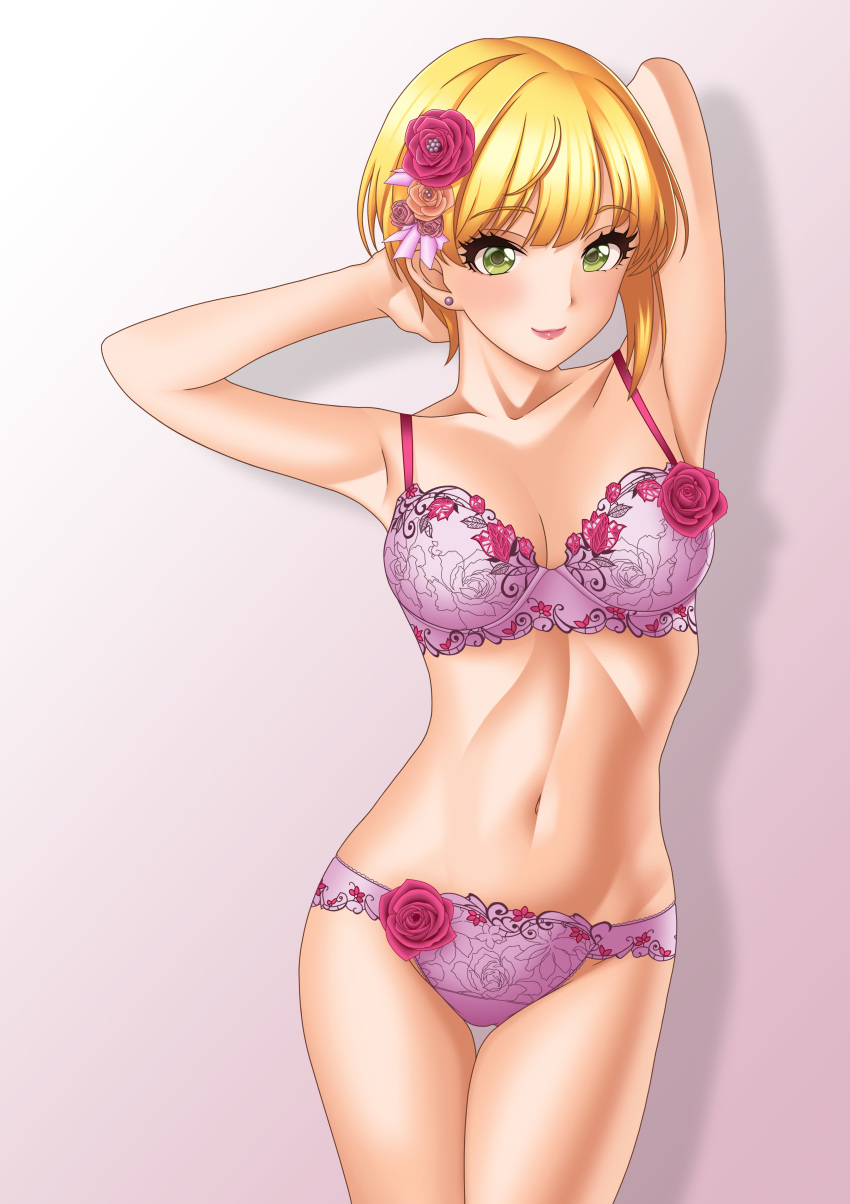 absurdres armpits arms_behind_head arms_up bangs bare_shoulders blonde_hair blush bra breasts cleavage closed_mouth collarbone commentary_request ear_piercing embroidered_bra embroidered_panties embroidery eyebrows_visible_through_hair eyelashes floral_print flower green_eyes groin hair_flower hair_ornament highres hips idolmaster idolmaster_cinderella_girls lace lace-trimmed_bra lace-trimmed_panties laikass lips lipstick looking_at_viewer makeup medium_breasts miyamoto_frederica navel panties piercing pink_bra pink_flower pink_panties pink_rose print_bra print_panties rose short_hair smile solo spaghetti_strap swept_bangs thigh_gap thighs underwear