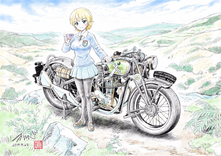 artist_name bangs black_footwear black_legwear black_neckwear blonde_hair blue_eyes blue_skirt blue_sweater braid closed_mouth cloud cloudy_sky colored_pencil_(medium) cup darjeeling dated day dress_shirt emblem eyebrows_visible_through_hair girls_und_panzer ground_vehicle highres holding holding_cup kubota_shinji loafers long_sleeves looking_at_viewer miniskirt motor_vehicle motorcycle necktie new_imperial_7b outdoors pantyhose pleated_skirt school_uniform shirt shoes short_hair signature skirt sky smile solo st._gloriana's_(emblem) st._gloriana's_school_uniform sweater teacup tied_hair traditional_media twin_braids v-neck watermark white_shirt wing_collar