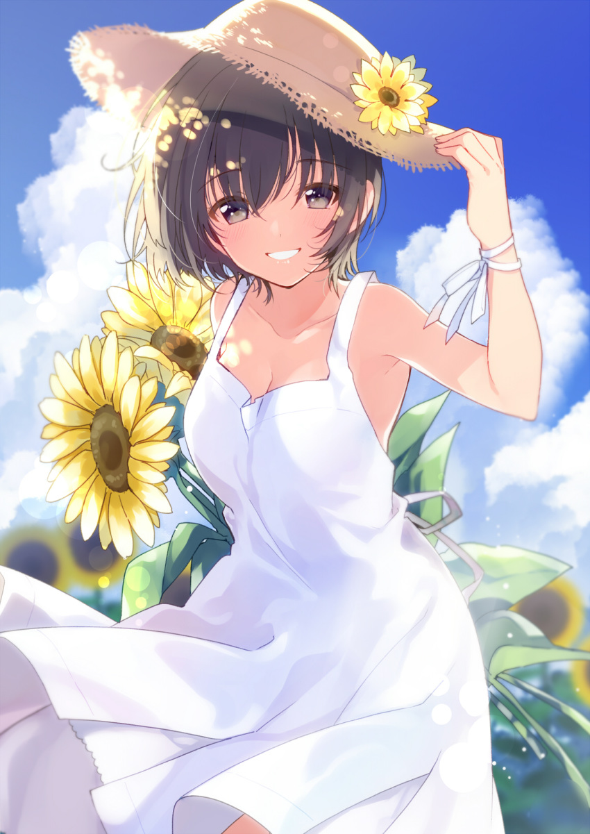 black_eyes blue_sky blush breasts brown_hair cleavage cloud collarbone commentary day dress eyebrows_visible_through_hair flower hair_between_eyes hat hat_flower highres lips looking_at_viewer md5_mismatch medium_breasts original outdoors parted_lips revision ribbon short_hair sky sleeveless sleeveless_dress smile solo straw_hat summer sun_hat sundress sunflower teeth u35 white_dress white_ribbon wrist_ribbon